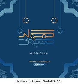 Mawlid al-Nabawi elegante design festivo com dourado caligrafia árabe e padrões geométricos islâmicos.