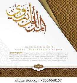 Mawlid AlNabi Greeting Islamic Illustration Background Vector Design With Beautiful Arabic Calligraphy, Moon, Camels and floral pattern. Translation Of Text : PROPHET MUHAMMAD'S BIRTHDAY