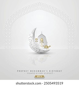 Mawlid AlNabi Greeting Islamic Illustration Background Vector Design With Beautiful Arabic Calligraphy, Moon, Camels and floral pattern. Translation Of Text : PROPHET MUHAMMAD'S BIRTHDAY