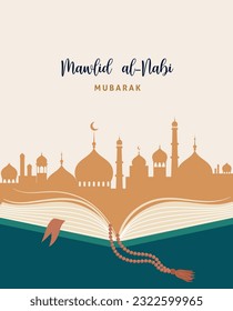 Mawlid al-Nabi, Prophet Muhammad's Birthday banner, poster and greeting card with open Quran book. Vector illustration.