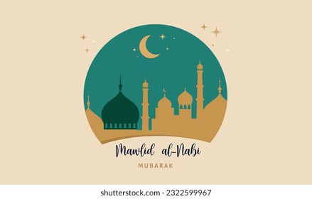 Mawlid al-Nabi, Prophet Muhammad's Birthday banner, poster and greeting card with the Green Dome of the Prophet's Mosque. Vector illustration.