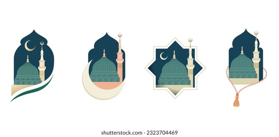 Mawlid al-Nabi, Prophet Muhammad's Birthday banner, poster and greeting card with the Green Dome of the Prophet's Mosque. Vector illustration.