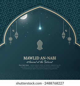 Mawlid an Nabi elegant social media post template with Islamic pattern arch frame