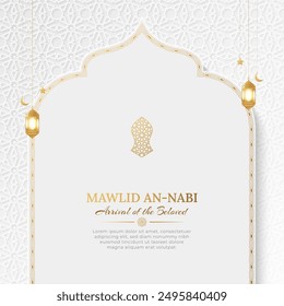 Mawlid an Nabi elegant social media post template with Islamic pattern arch frame