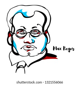 Max Reger engraved vector portrait with ink contours. German composer, pianist, organist, conductor, and academic teacher.