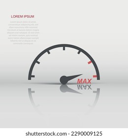 Max speed icon in comic style. Speedometer sign illustration pictogram. Tachometer business concept.