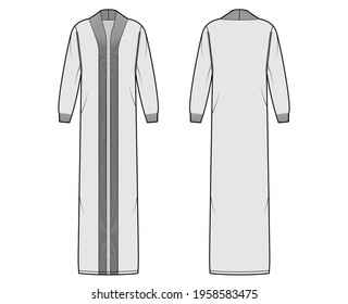 Maxi cardigan technical fashion illustration with rib shawl neck, long sleeves, oversized, floor length, knit trim. Flat Sweater apparel front, back, grey color style. Women, men unisex CAD mockup