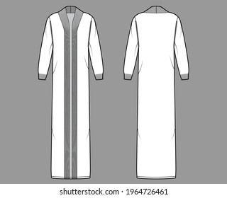 Maxi cardigan technical fashion illustration with rib shawl neck, long sleeves, oversized, floor length, knit trim. Flat Sweater apparel front, back, white color style. Women, men unisex CAD mockup