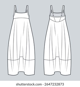 Maxi vestido com cintura Império e Correias Largas Ilustração de Moda Técnica. Boho Vestido moda modelo de desenho técnico plano, ajuste solto, frente e vista traseira, branco, mulheres Vestido CAD mockup.