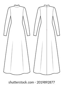 Maxi dress with long sleeves and stand-up collar fashion sketch.