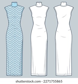 Maxi Dress technical fashion illustration. Jersey sleeveless Dress fashion flat technical drawing template, slim fit, roll neck, front and back view, side slit, white, blue pattern, women CAD mockup.