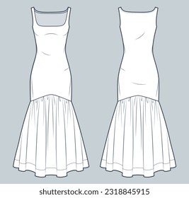 Maxi Dress ilustración de moda técnica. Vestido de Jersey con fondo textil de la moda planas de dibujo técnico, ajuste delgado, cuello cuadrado, vista frontal y posterior, blanco, maquillaje CAD de mujeres.