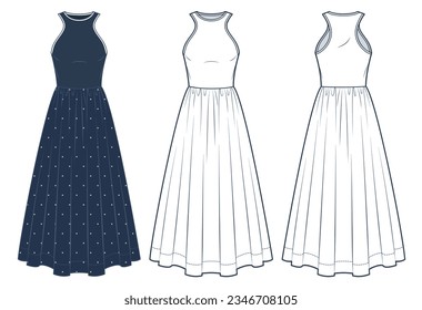 Maxi Dress technical fashion illustration. Jersey Dress with textile bottom fashion flat technical drawing template, polka-dot, slim fit, front and back view, white, blue, women CAD mockup set.
