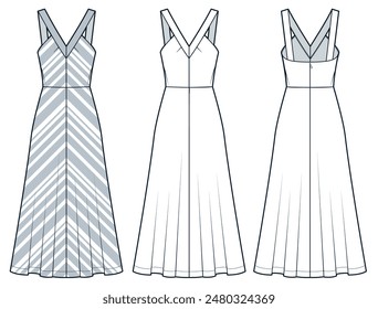 Maxi Dress technical fashion illustration, striped pattern. Strap Dress fashion flat technical drawing template, back zipper, front and back view, white, gray, women Dress CAD mockup set.