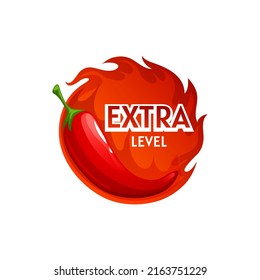 Maxi extra level of chili pepper spicy, premium scale of flavor of vegetarian food and fastfood. Vector red burning fire pepper spicy rangescale, flame seasoning condiment, extraodinary spicy meal