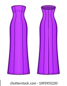 Maxi fitted bright purple column dress with panel lines, strapless straight across neckline, back zip clasp, kick pleat. Bodycon dress. Back and front. Technical flat sketch. Vector illustration.