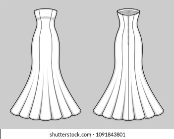 Maxi fitted mermaid dress with strapless straight across neckline, mid-open back, back zip clasp. Gored bodycon sleeveless dress with flared hemline. Back and front. Technical flat sketch, vector.