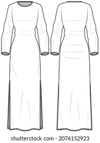 Maxi Knit Dress With Two Side Slits, Modesty Knit Abaya With Side Slits, Winter Maxi Dress Front and Back View. Fashion Illustration, Vector, CAD, Technical Drawing, Flat Drawing.