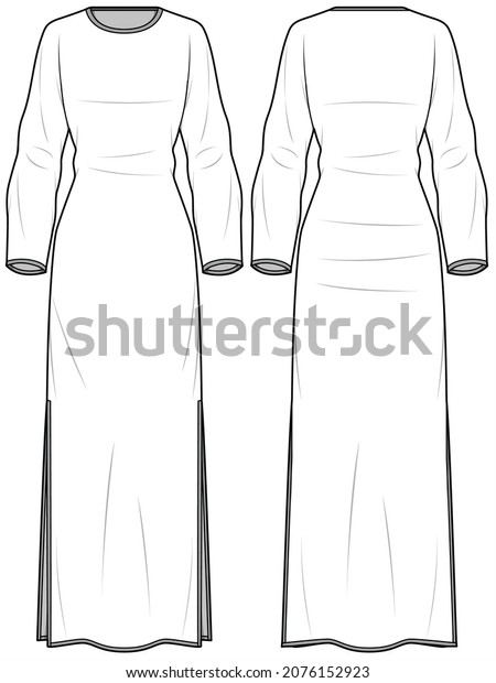 Maxi Knit
Dress With Two Side Slits, Modesty Knit Abaya With Side Slits,
Winter Maxi Dress Front and Back View. Fashion Illustration,
Vector, CAD, Technical Drawing, Flat
Drawing.