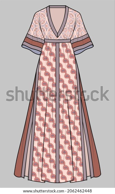 MAXI LENGTH DRESS IN PAISLEY PRINT FOR WOMEN IN\
EDITABLE VECTOR FILE