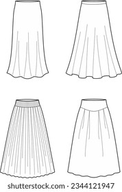 Maxi long skirt flat sketch. Beach wear apparel design. Front view. Women CAD mockup. Fashion technical drawing template. Vector illustration.