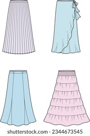 Falda larga maxi femenina. Establecer. CAD de moda. Ilustración vectorial.