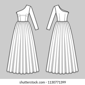 Maxi one shoulder dress with asymmetrical neckline, invisible zipper in a side seam, seam at waist, flared skirt, one long sleeve. X-line silhouette. Back and front. Technical flat sketch, vector.