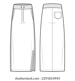 Maxi skirt with drawstring waist
technical fashion illustration. Maxi skirt with side slit .skirt flat template vector illustration. front and back view. isolated in white colour. CAD mock-up set.