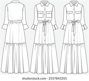 MAXI TIERED SHIRT DRESS WITH UTILITY POCKET DETAIL DESIGNED FOR YOUNG WOMEN AND WOMEN IN VECTOR FILE