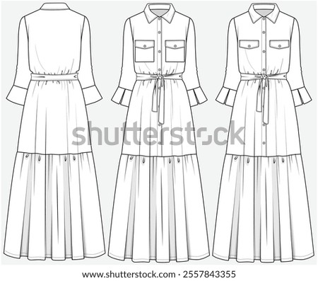 MAXI TIERED SHIRT DRESS WITH UTILITY POCKET DETAIL DESIGNED FOR YOUNG WOMEN AND WOMEN IN VECTOR FILE