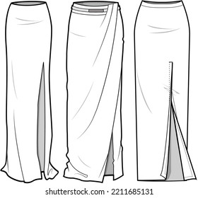 Maxi Tight Skirts with Slit, Straight Cut Skirt, Pencil Cut Side Slit Maxi Skirt Set Fashion Illustration, Vector, CAD, Technical Drawing, Flat Drawing, Template, Mockup.