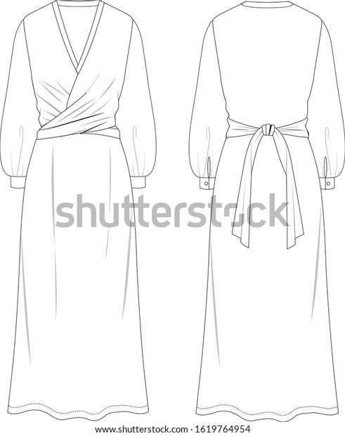 Maxi wrap dress with long sleeve, front and\
back view, vector fashion\
illustration