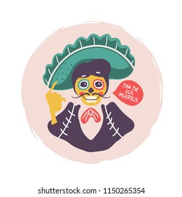 Maxican skull man with mustache. Man in sombrero.Vector cartoon illustration. Isolated. 