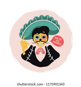 Maxican skull man with mustache. Man in sombrero.Vector cartoon illustration. Isolated. 