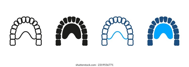 Maxilla, Lower Jaw Pictogram. Human Jaw with Teeth and Tongue Silhouette and Line Icons Set. Jawbone Physiology. Dentistry, Dental Treatment Symbol Collection. Isolated Vector Illustration.