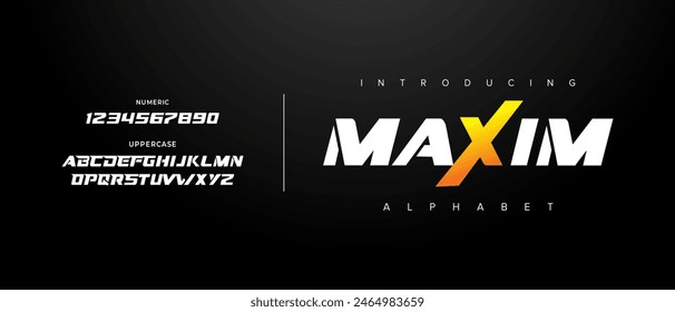 Maxim creative simple modern urban alphabet font. Digital abstract futuristic, logo, music, sport, minimal technology typography. Simple numeric vector illustration