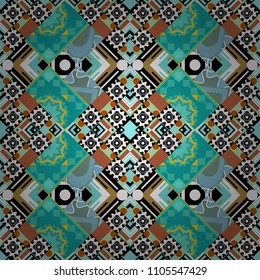 Maximal element tiles geometric seamless pattern in blue, black and neutral colors. Seamless background. Vector illustration.