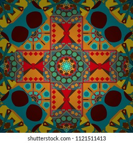 Maximal element tiles geometric seamless pattern in orange, red and blue colors. Seamless background. Vector illustration.