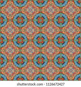 Maximal element tiles geometric seamless pattern in blue, pink and orange colors. Seamless background. Vector illustration.
