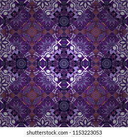 Maximal element tiles geometric seamless pattern in violet, purple and white colors. Seamless background. Vector illustration.