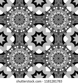 Maximal element tiles geometric seamless pattern in white, gray and black colors. Seamless background. Vector illustration.