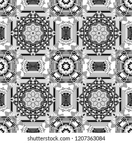 Maximal element tiles geometric seamless pattern in black, white and gray colors. Seamless background. Vector illustration.