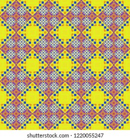 Maximal element tiles geometric seamless pattern in yellow, blue and orange colors. Seamless background. Vector illustration.