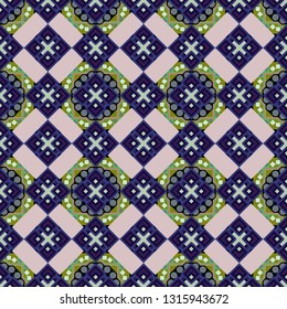 Maximal element tiles geometric seamless pattern in violet, gray and black colors. Vector illustration. Seamless background.