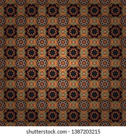 Maximal element tiles geometric seamless pattern in yellow, brown and black colors. Vector illustration. Seamless background.