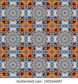 Maximal element tiles geometric seamless pattern in brown, gray and blue colors. Vector illustration. Seamless background.