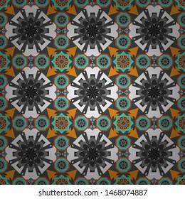 Maximal element tiles geometric seamless pattern in orange, gray and blue colors. Vector illustration. Seamless background.