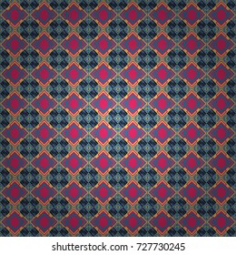 Maximal element tiles geometric seamless pattern in yellow, blue and pink colors. Seamless background. Vector illustration.