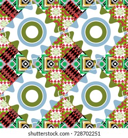 Maximal element tiles geometric seamless pattern in blue, white and green colors. Seamless background. Vector illustration.