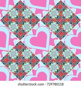 Maximal element tiles geometric seamless pattern in pink, blue and neutral colors. Seamless background. Vector illustration.